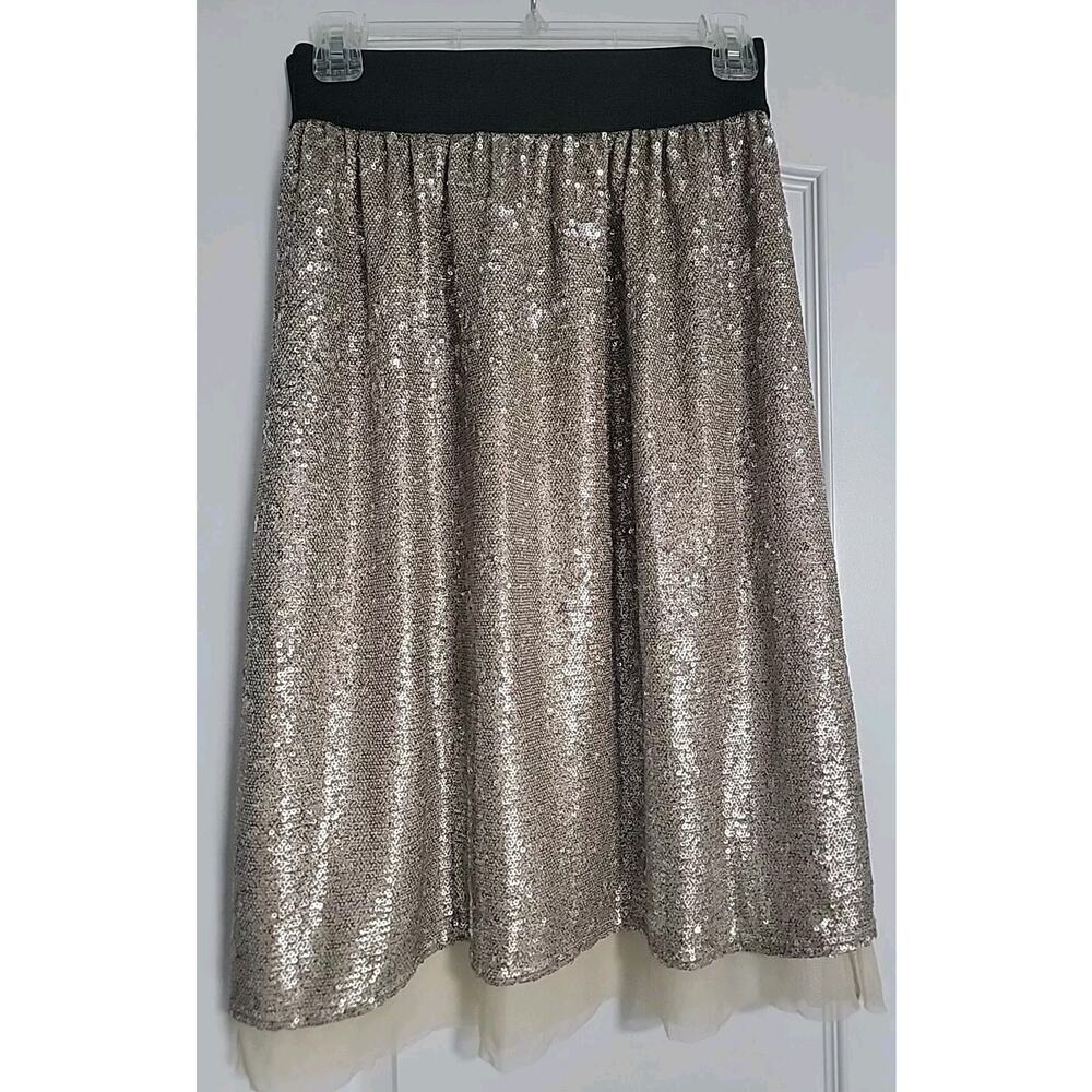 FREE PEOPLE Gold‎ Taupe Flashing Lights Sequin Mesh Hem A-Line Midi Skirt EUC